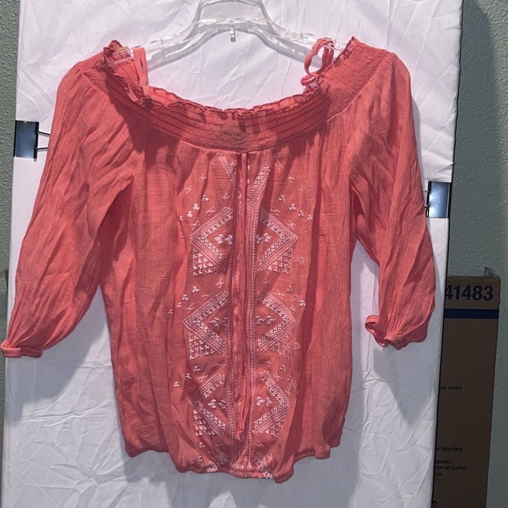 BCX Coral Embroidered Smocked On or Off-Shoulder Blouse XL Peasant Boho
